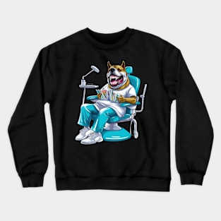 An English Bulldog sitting in front of a dentist's chair, wearing a blue surgical mask Crewneck Sweatshirt